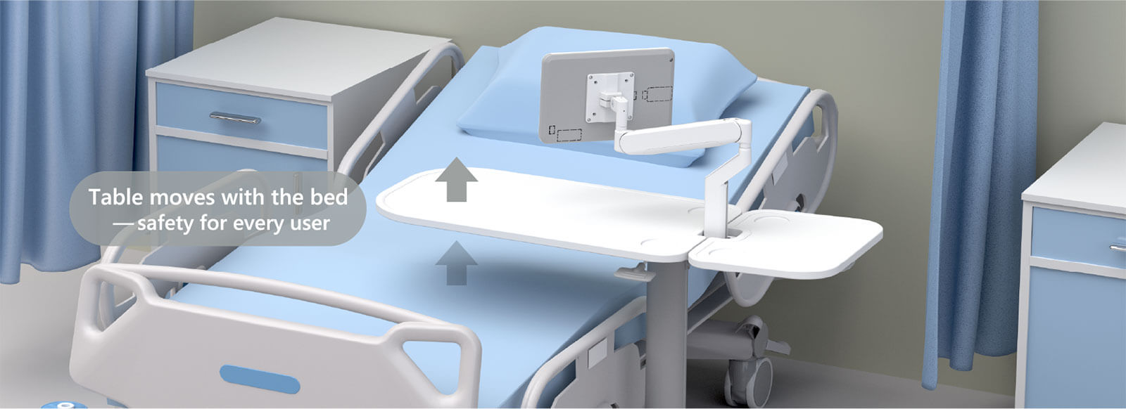 Overbed Table Moves with The Bed - Safety for Every User Overbed Table Moves with The Bed - Safety for Every User