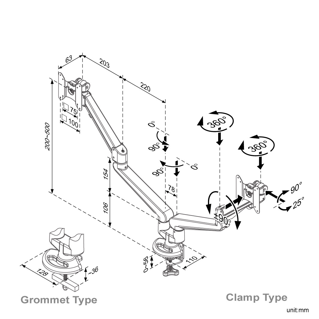 Drawing of Modernsolid ED-BA115 Gas Spring Dual Monitor Arm