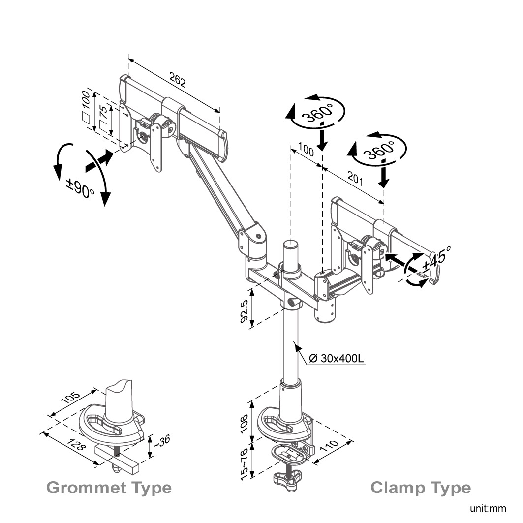 Drawing of Modernsolid ED-BA315A VESA Dual Monitor Desk Mount
