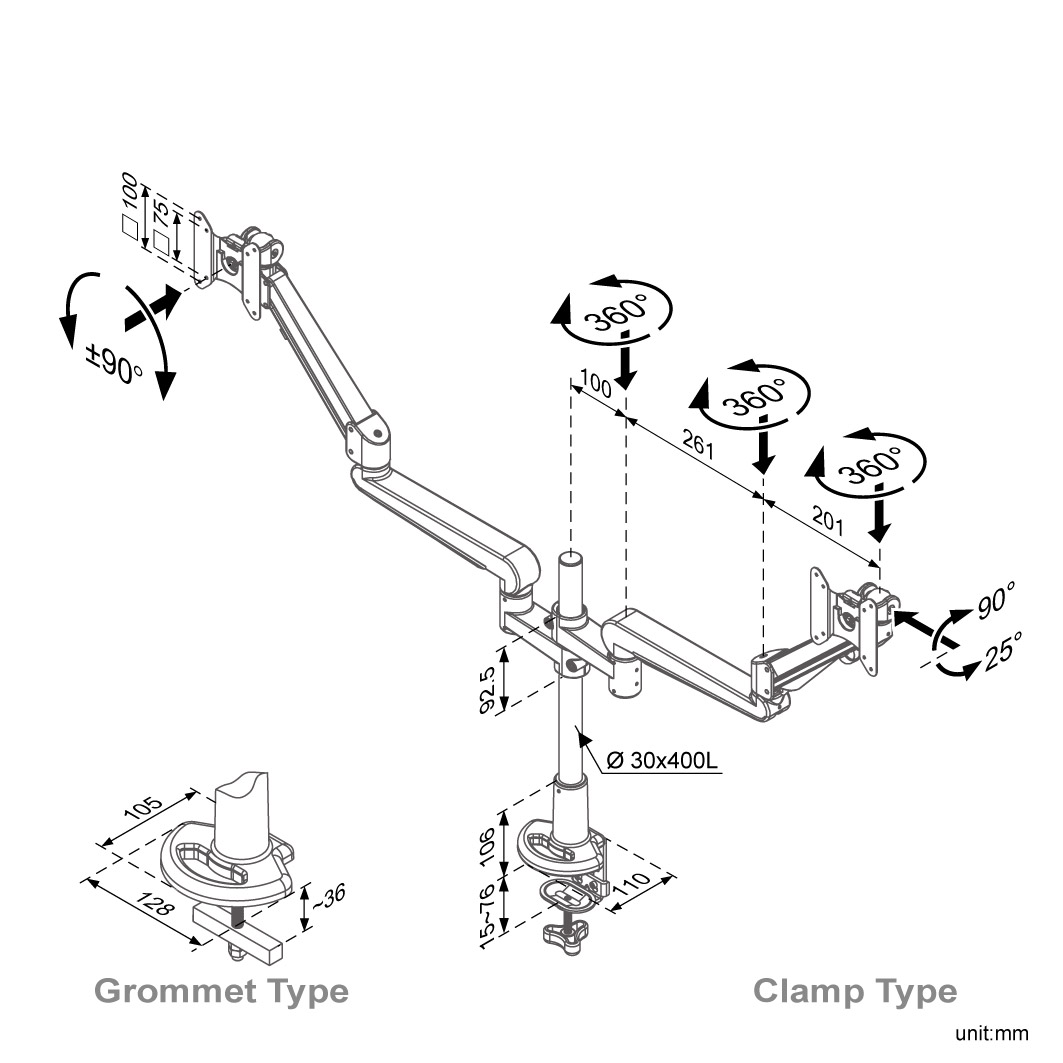 Ease Gas Spring Dual Monitor Arm (ED-B332)