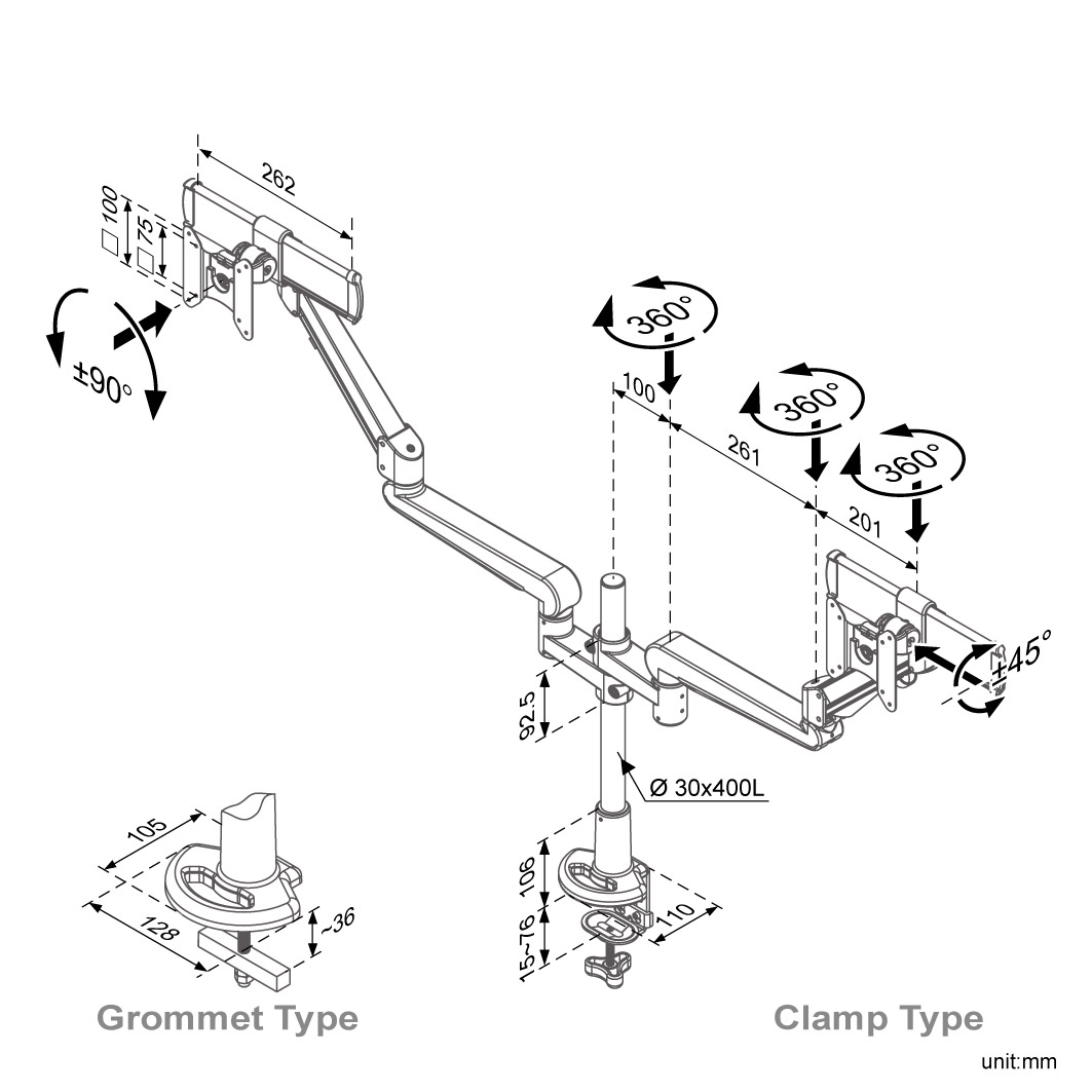 Drawing of Modernsolid ED-BA332A Dual Monitor Arm Grommet Mount