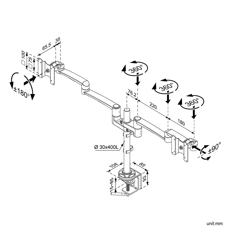 Drawing of Modernsolid FA-515-1 Swallow VESA Dual Monitor Mount