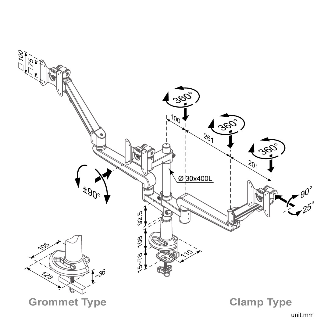 Ease Gas Spring Triple Monitor Arm (ED-B333)