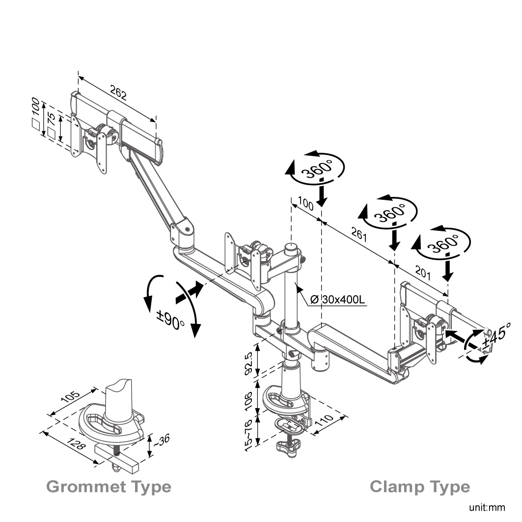 Ease Gas Spring Triple Monitor Arm (ED-B333A)
