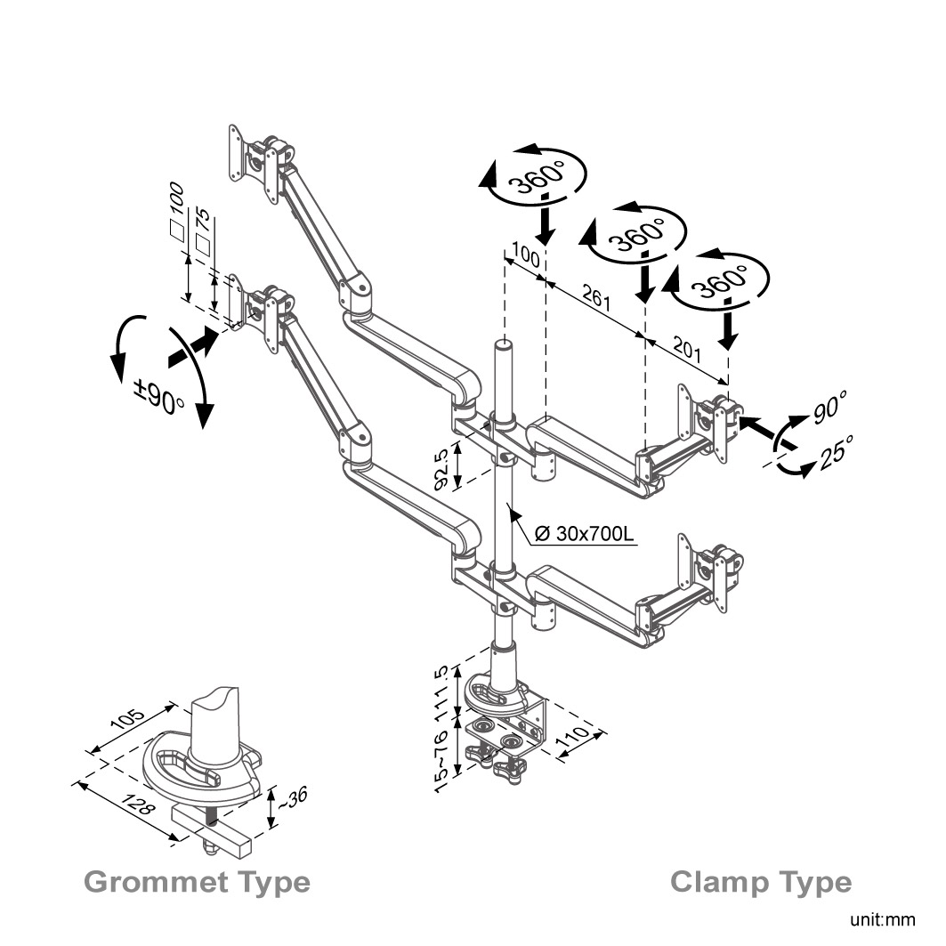 Ease Gas Spring Triple Monitor Arm (ED-B334)