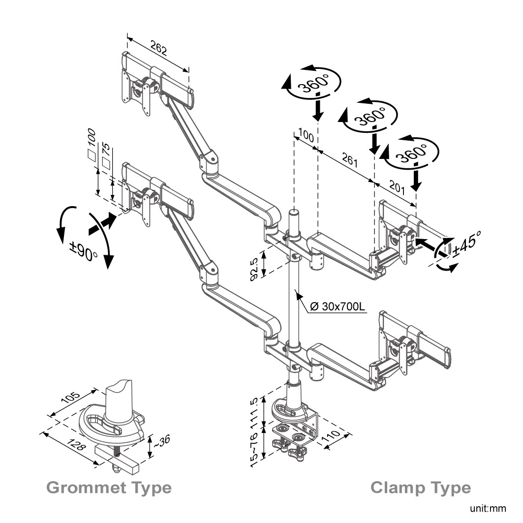 Ease Gas Spring Quad Monitor Arm  (ED-B334A)