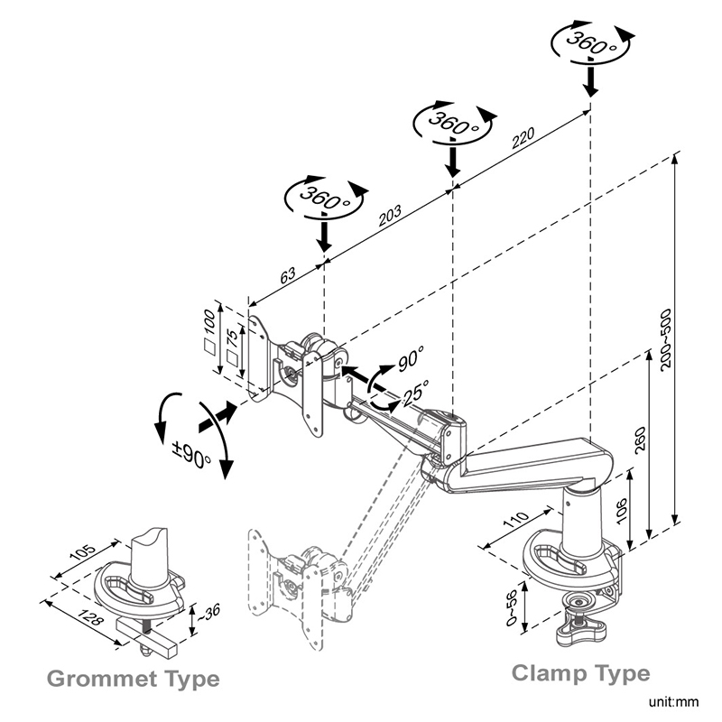 Ease gas spring single monitor arm (ED-B111)