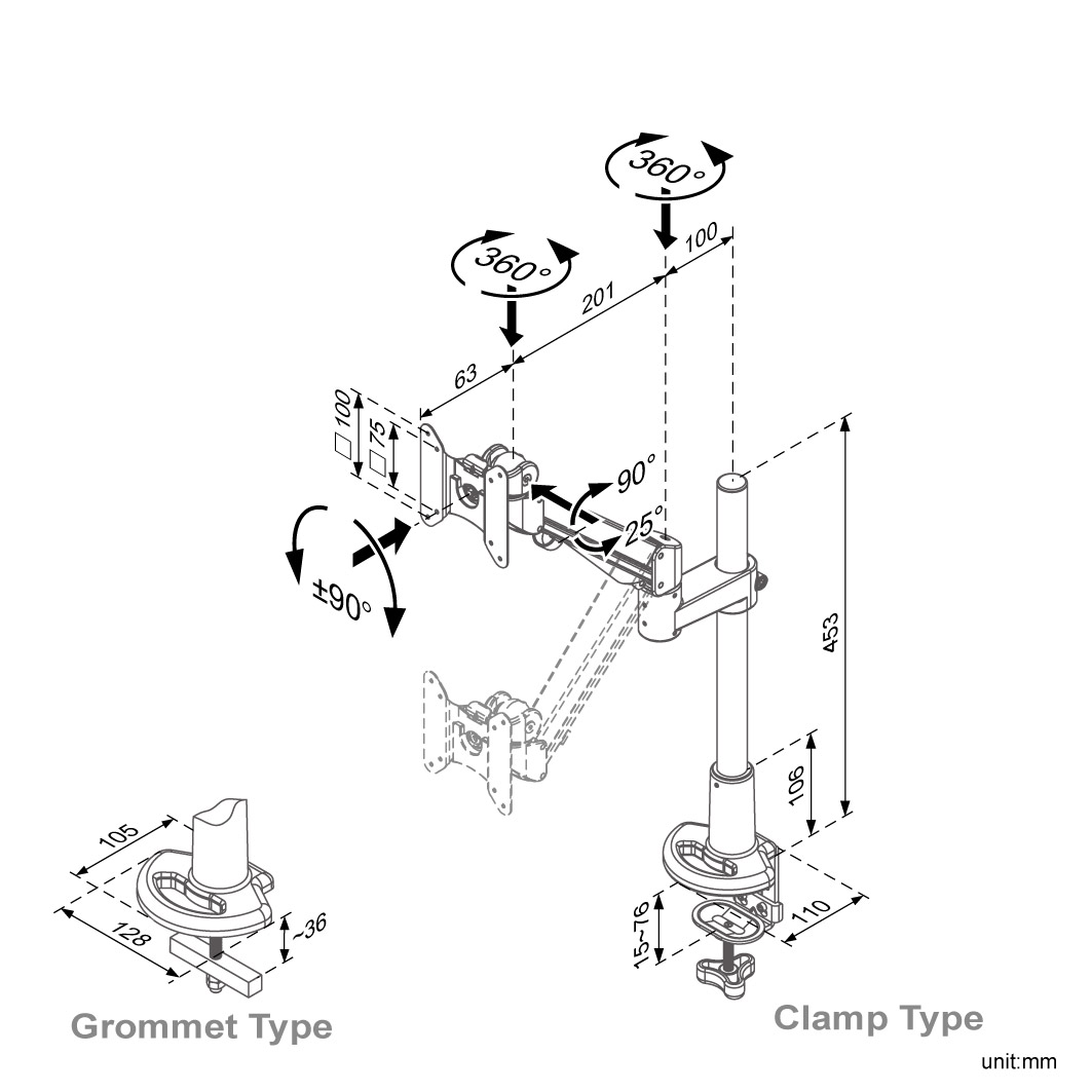 Ease gas spring single monitor arm (ED-B321)