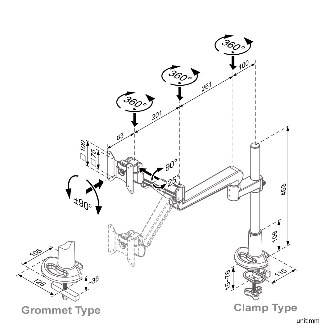 Ease gas spring single monitor arm (ED-B331)